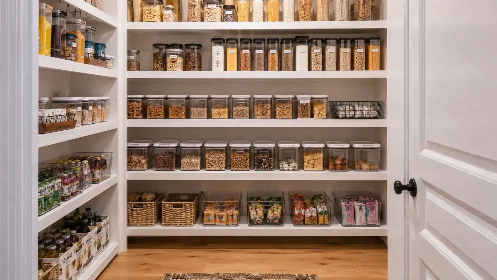 Full pantry view with evenly stacked clear bins on every shelf and no loose boxes or bags visible