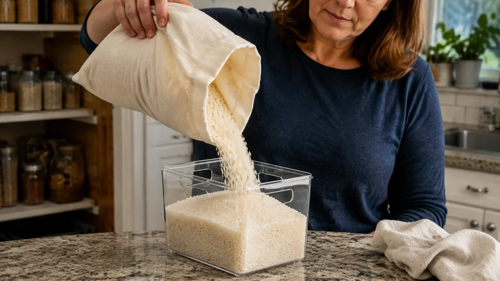 Hand pouring rice into a clear stackable pantry bin with a cutout handle