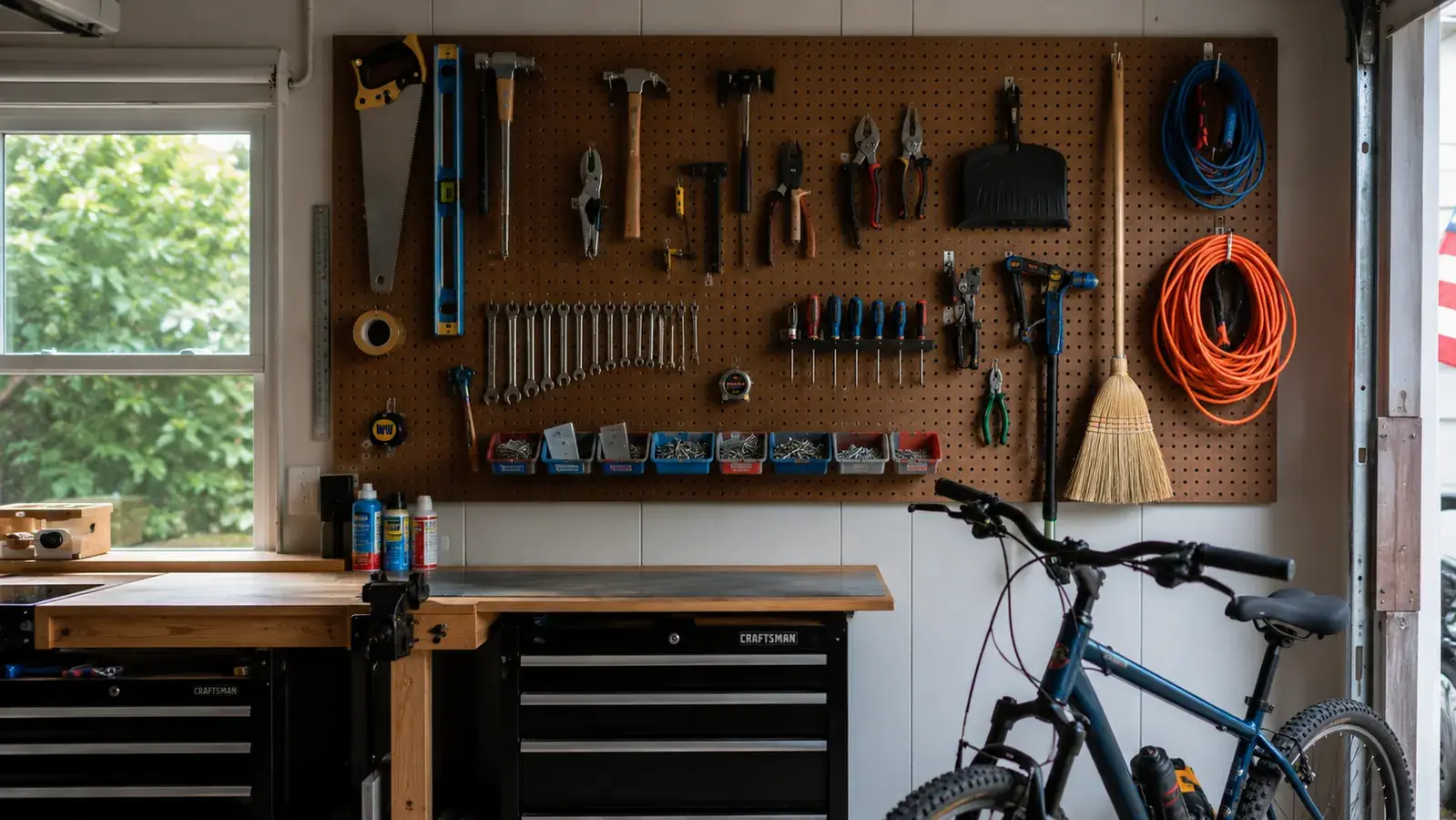 A finished pegboard wall in a garage with hooks holding hammers, wrenches, a broom, and small bins for hardware