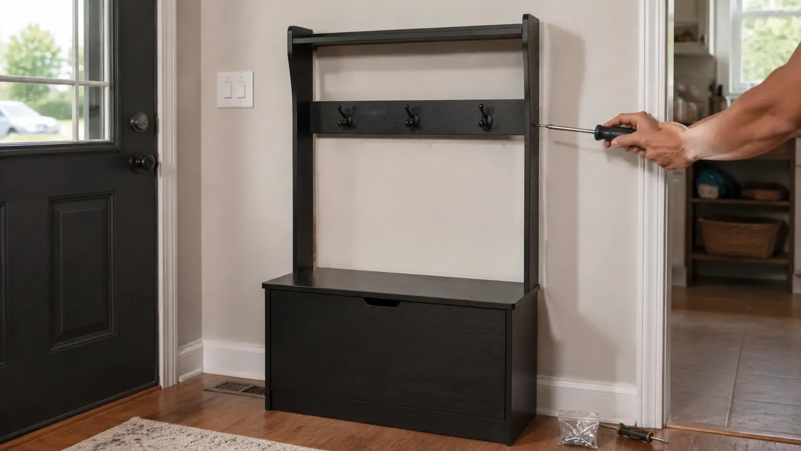 Hands tightening a bolt while assembling a black hall tree bench frame against an entryway wall