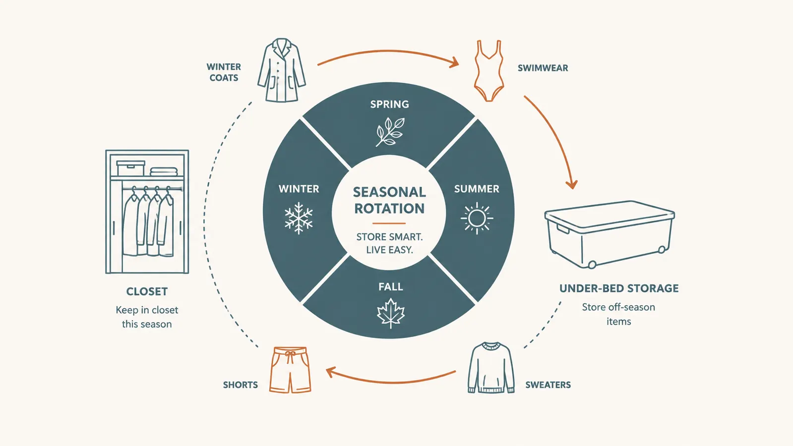 A simple seasonal rotation chart showing four seasons with arrows cycling clothing between closet and under-bed storage